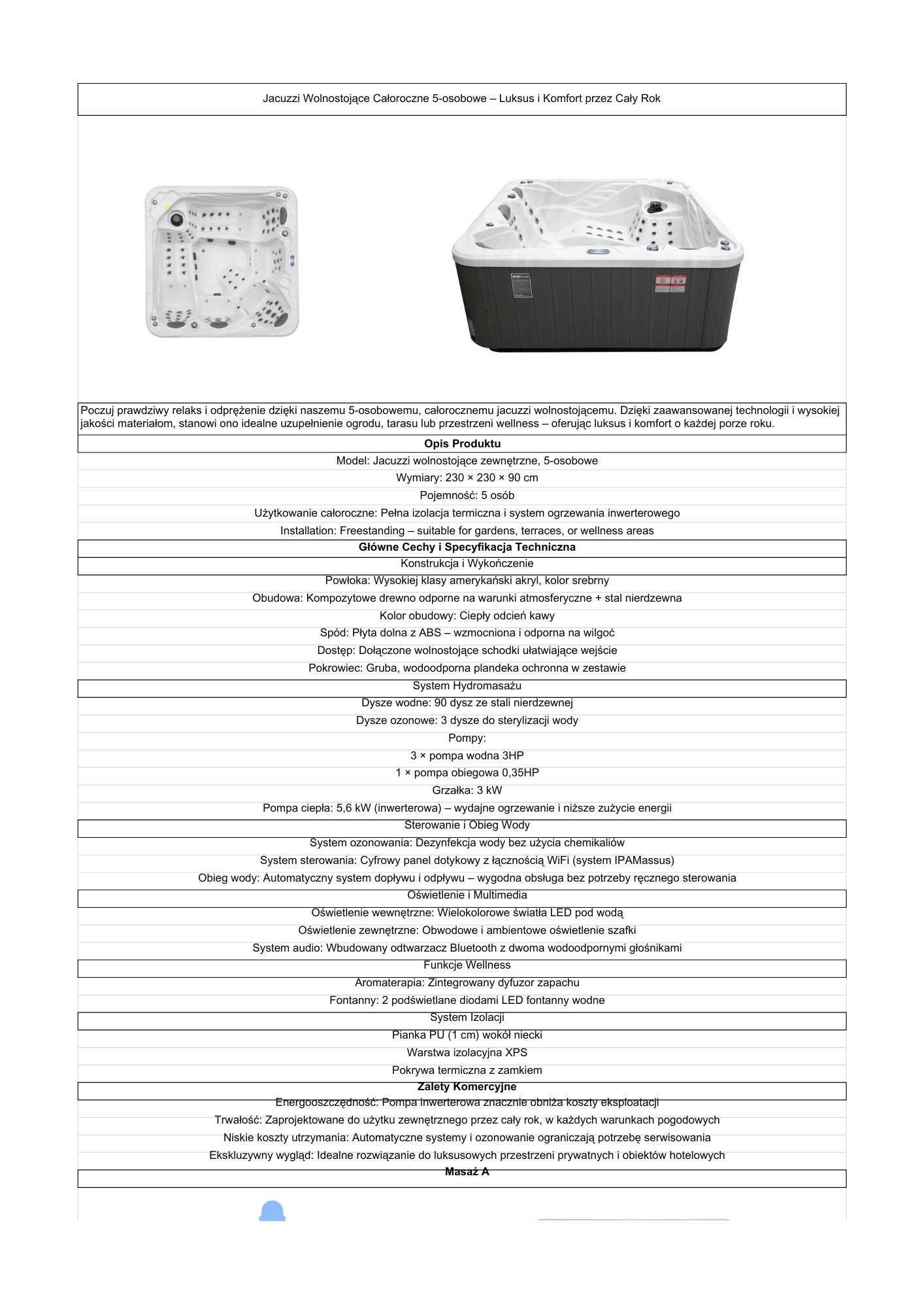 Jacuzzi Premium 5-osobowe, WiFi, Aromaterapia, Pompa Ciepła - Nowe