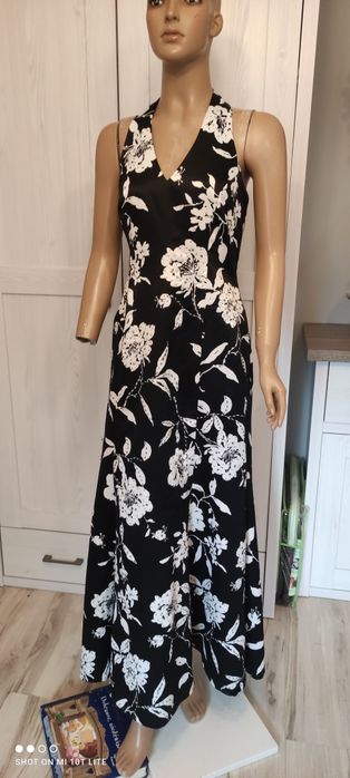 Sukienka czarna długa w białe kwiaty z kryształkami