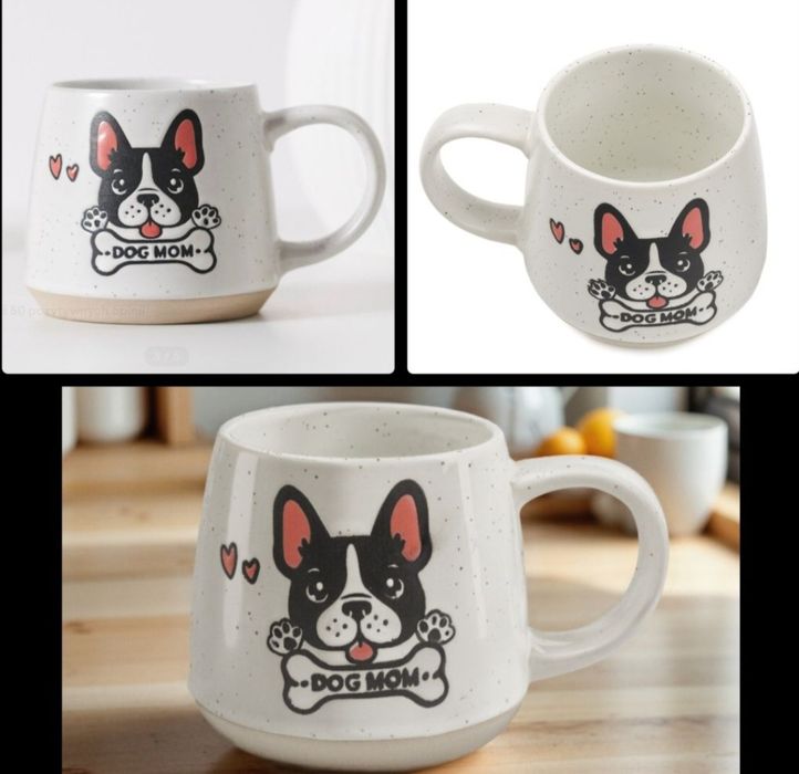 Kubek ceramiczny z uchwytem z motywem pieska i napisem "DOG MOM". Nowy