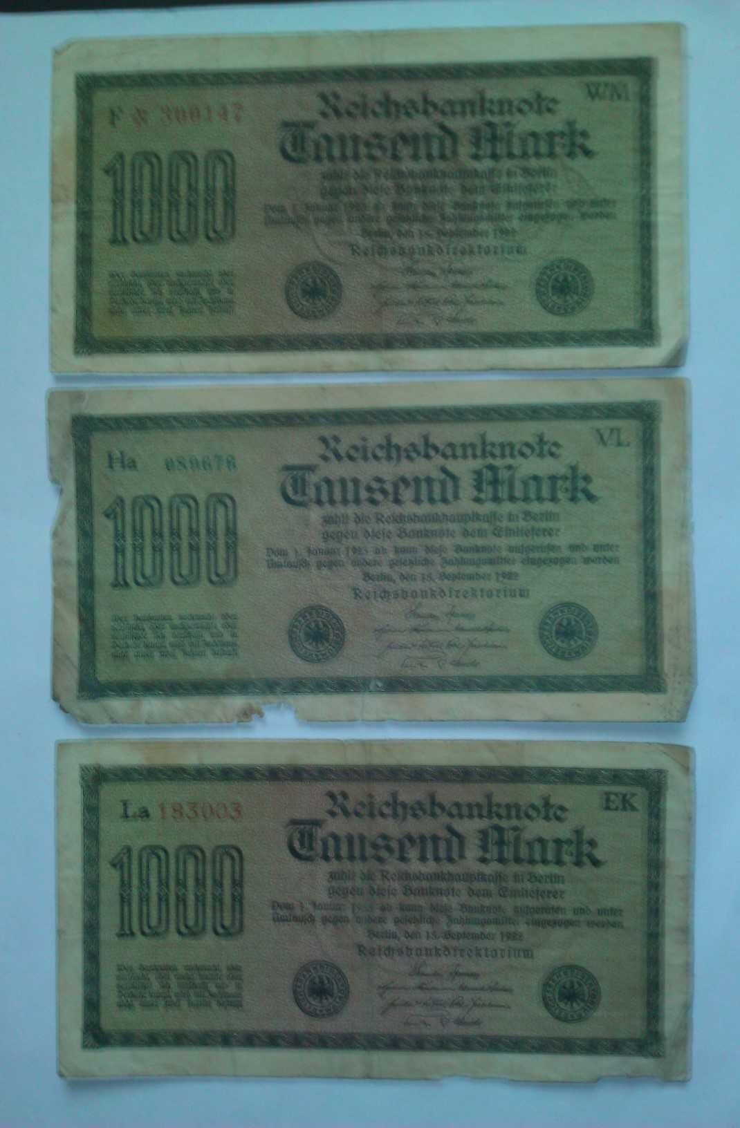 Banknoty niemieckie o nominale 1 000 Marek z 1922 r.