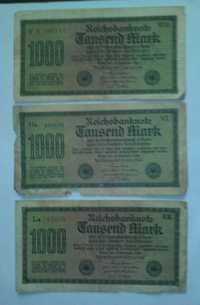 Banknoty niemieckie o nominale 1 000 Marek z 1922 r.