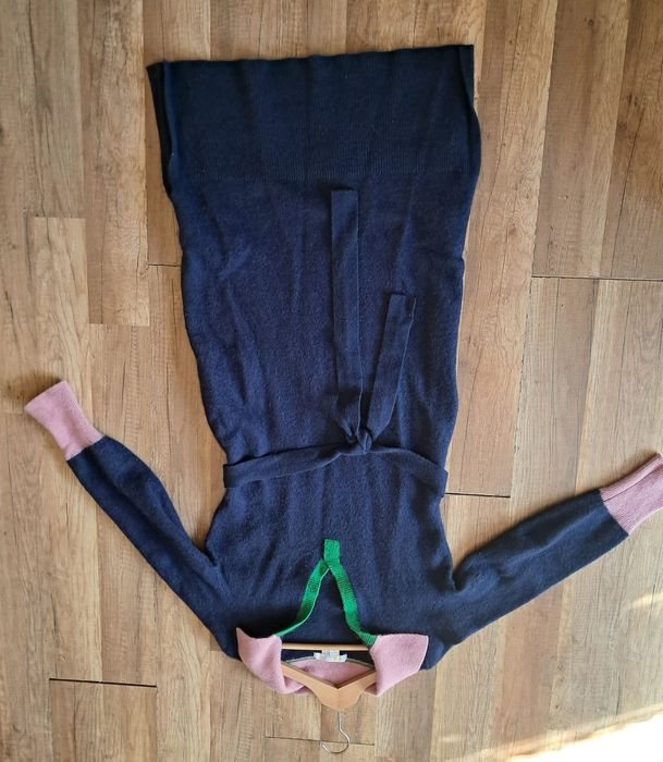 Sukienka sweterkowa wełniana M 38 granat maxi z kołnierzem wełna wool