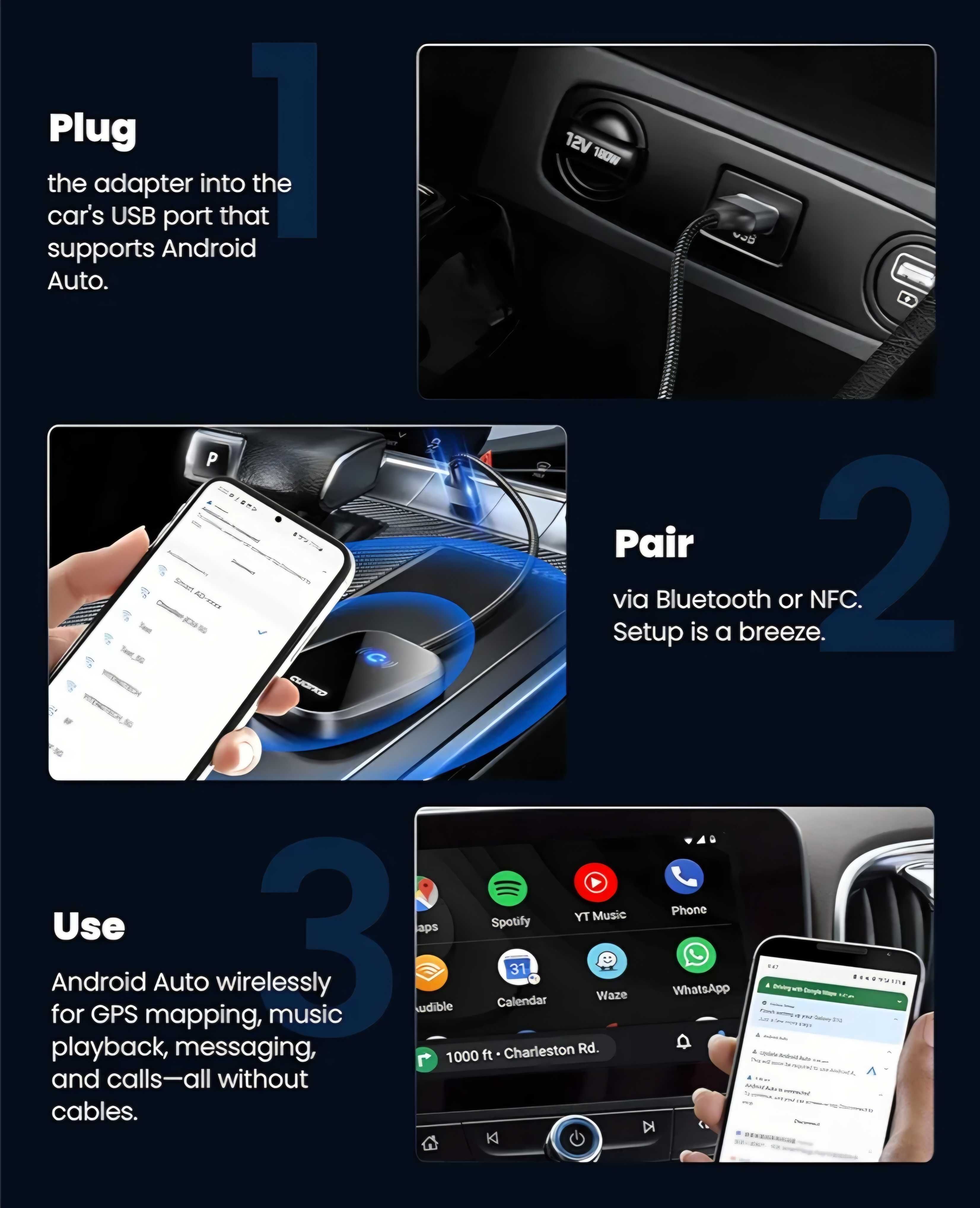 Bezprzewodowy adapter Android Auto BT WIFI NFC Cuarko AWO bez opóźnień