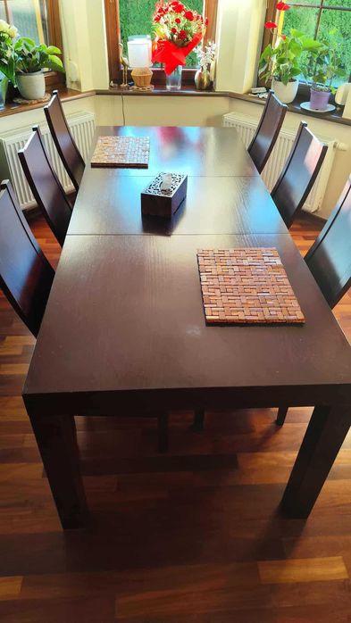 Komplet stół drewniany 90x160cm  (+ 2x60cm) i 10 krzeseł