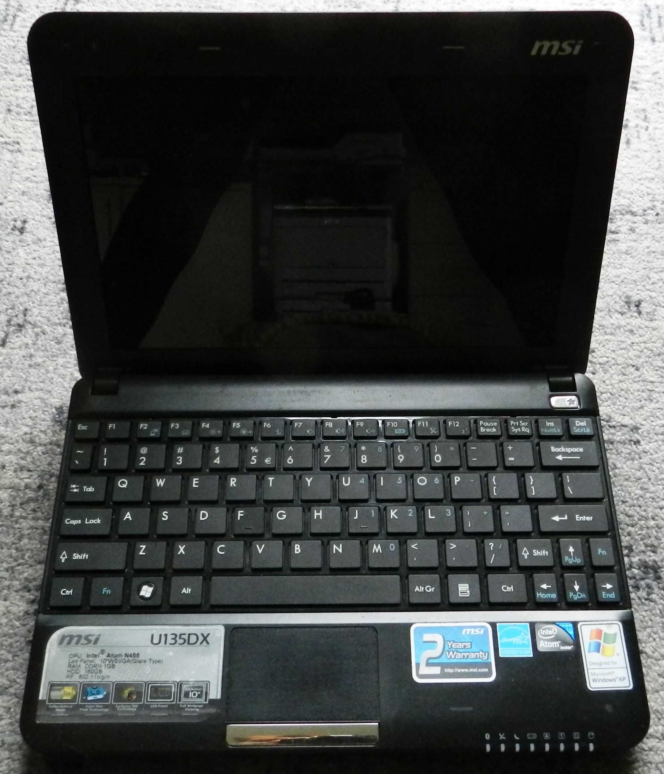 Laptop netbook MSI U135DX 10" dysk 80GB, Windows 10 Pro