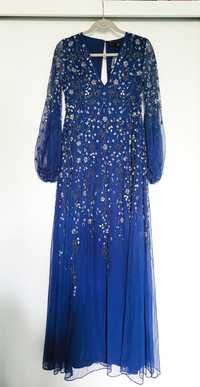 Bogato zdobiona suknia chabrowa kobaltowa maxi ASOS XS