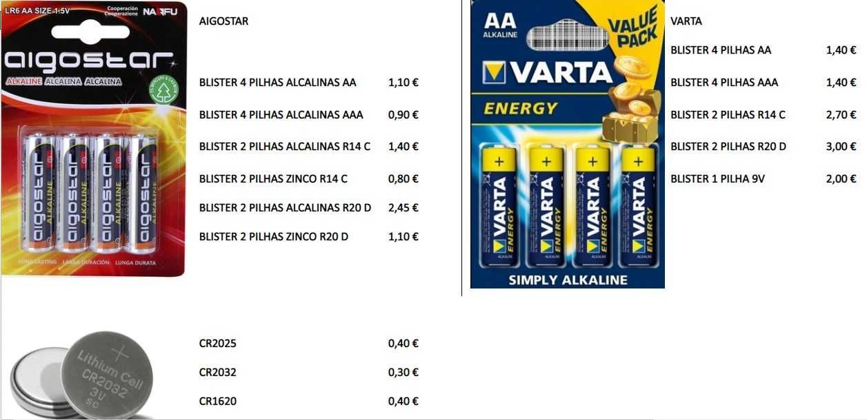 Pilhas Alcalinas e recarregáveis / carregadores AA AAA C D 9V 18650