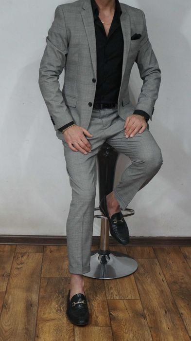 Garnitur H&M Rozmiar 46 i 52 Skinny Fit Kolor Szary Krata