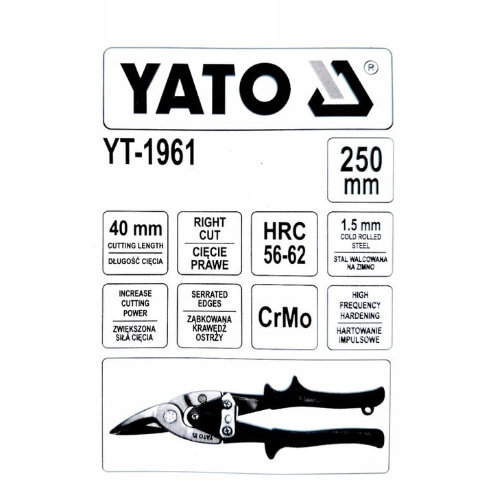Nożyce Do Blachy Do Cięcia Prawe 250mm Yato