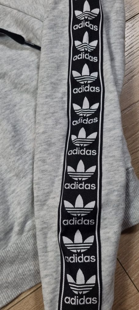 Bluza damska Adidas, z kapturem, hoodie, logo, lampasy, szara