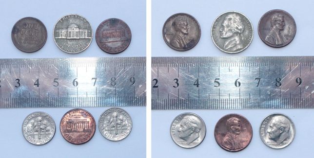 Монеты США 1цент пять шт и одна монета 5 центов.