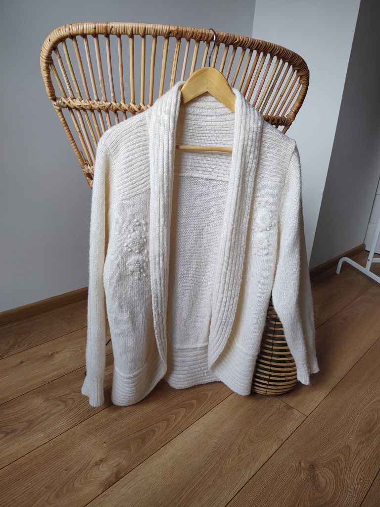 Kardigan sweter kremowy wełna hand made ręcznie robiony oversize L/XL