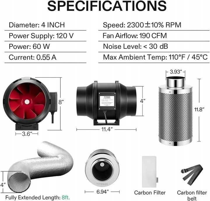 VIVOSUN Wentylator  Kanałowy  + FILTR Węgłowy + Regulator
