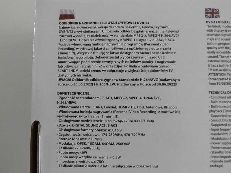 Dekoder Tuner TV DVB-T2 HEVC H.265