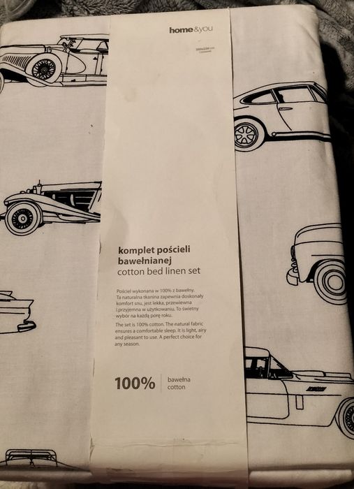 Bawełniana pościel biała w samochody,200x220,2 poszewki