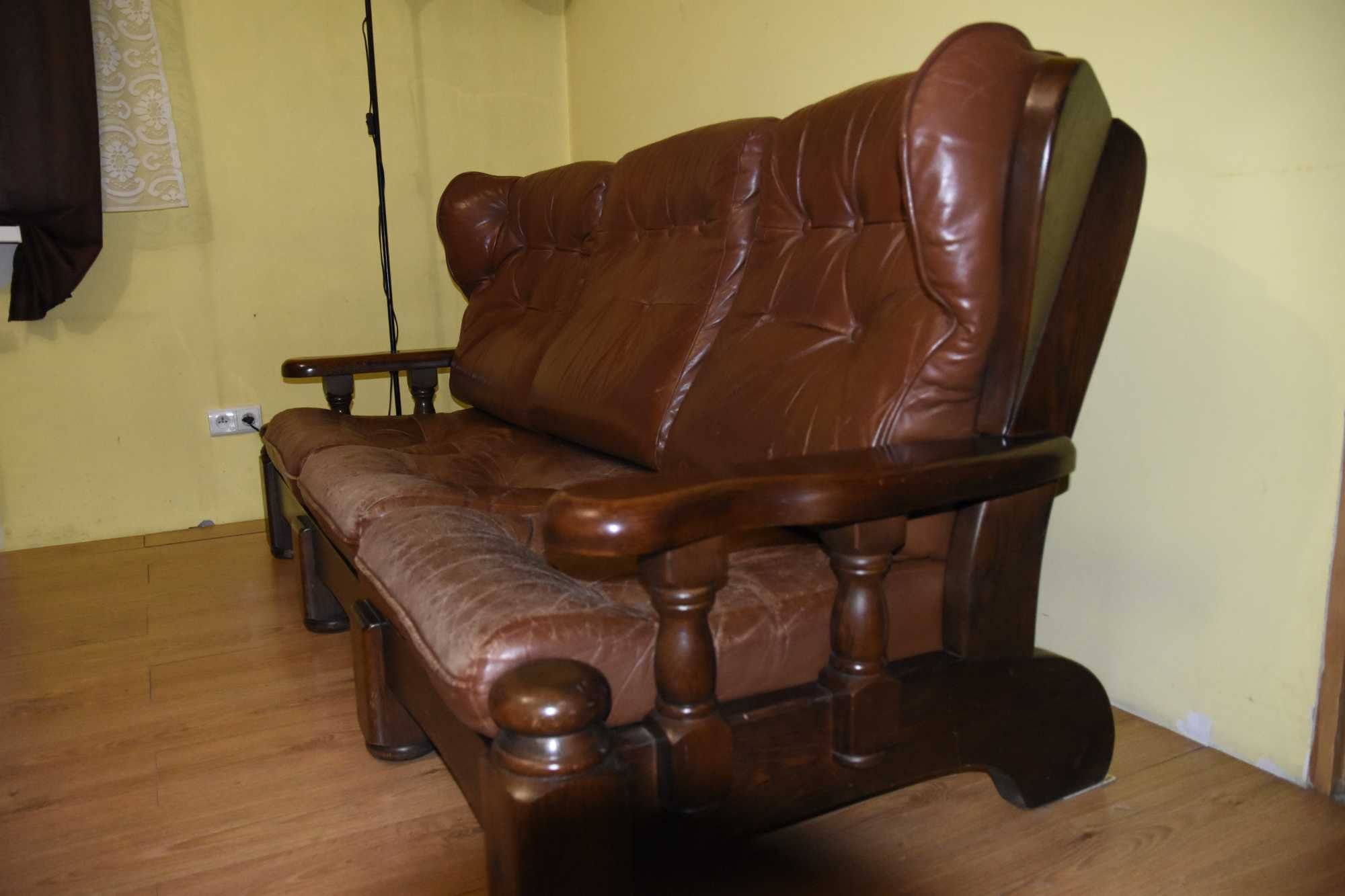 wypoczynek, kanapa - sofa +2 fotela skórzane, dębowe
