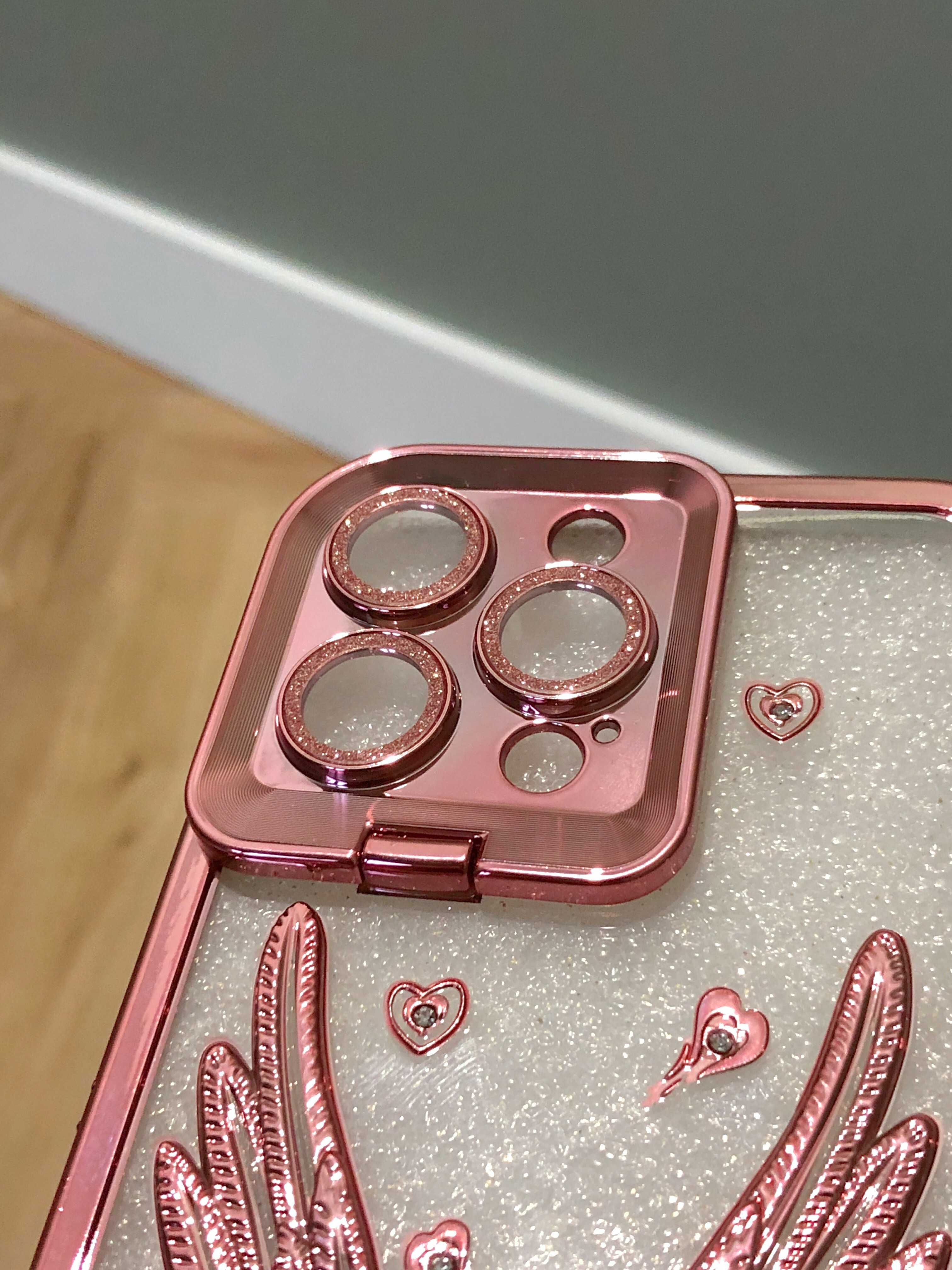 Etui iPhone 15 Pro Max | Motyw łabędzia + brokat | Różowe złoto