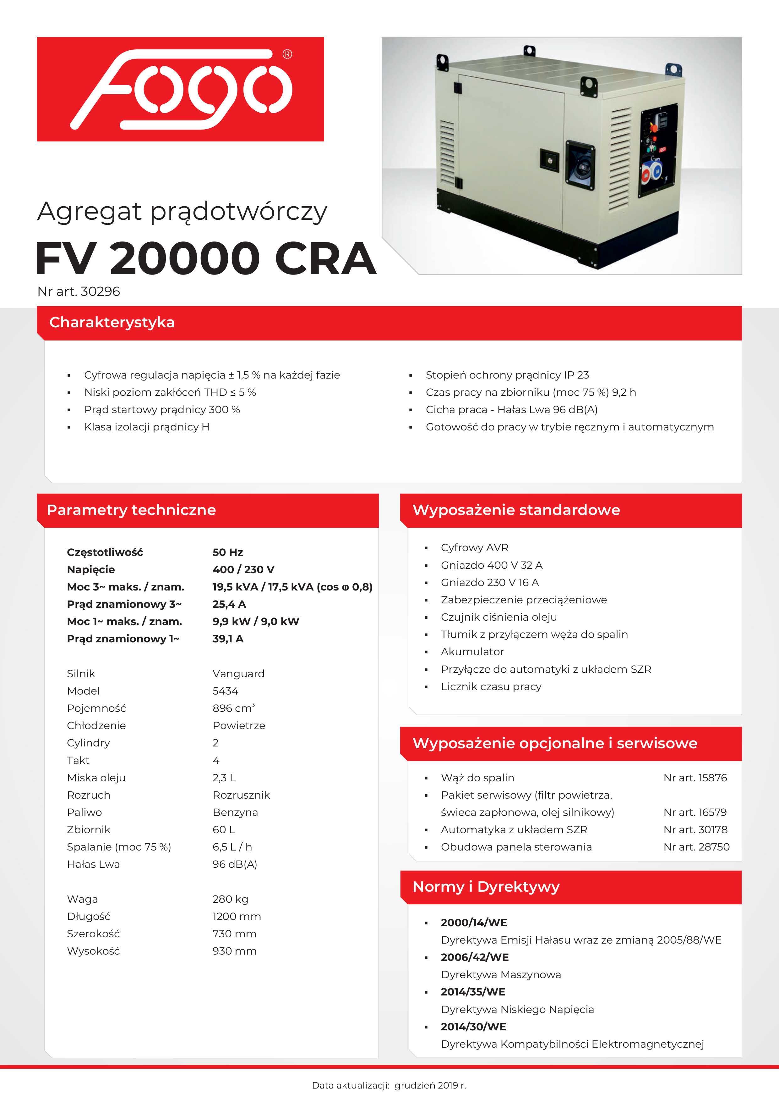 Agregat FV 20000 CRA pod Automatykę SZR Trójfazowy FOGO