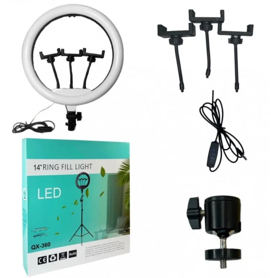 Кольцевая LED-лампа QX-360 36 см 3 крепления + 2м штатив