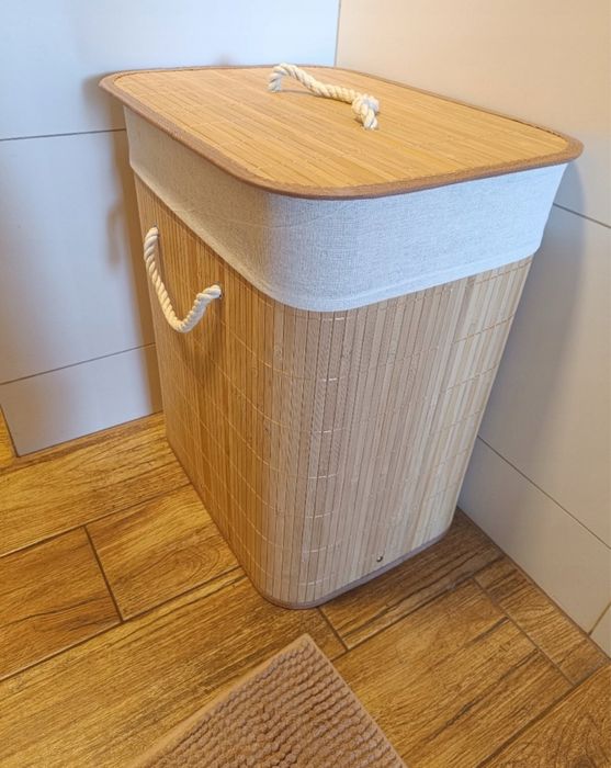 Kosz na pranie bambusowy 60L z pokrywą | Nowy | Ekologiczny zestaw