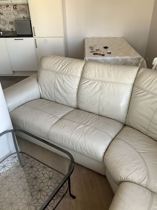 kanapa narożna skórzana ecru bezowa