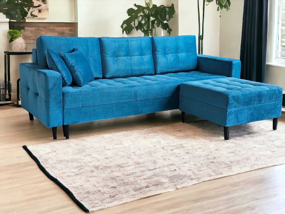 Rozkładana sofa z pojemnikiem. Kanapa PORTO. Sprężyny. Drewniane nogi
