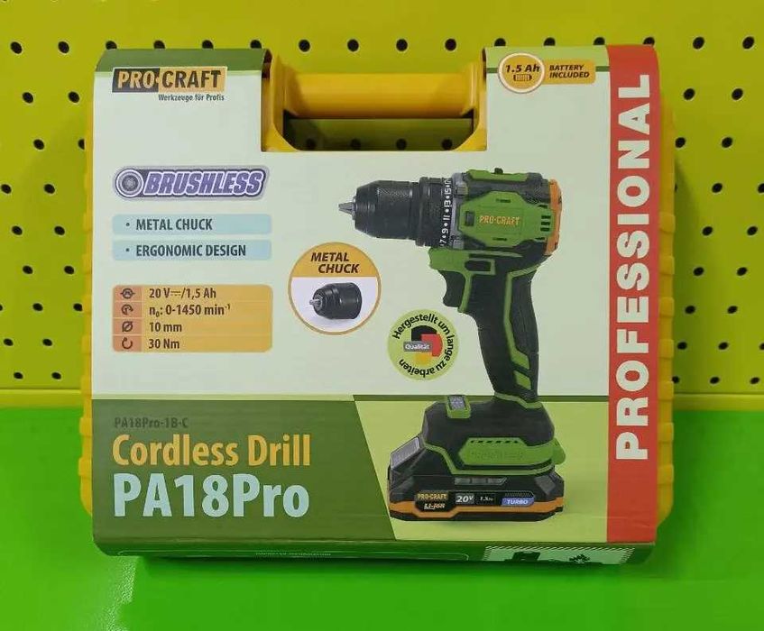 Шуруповерт Procraft PA18 Pro 20В, 1.5Аг, кейс Безщітковий