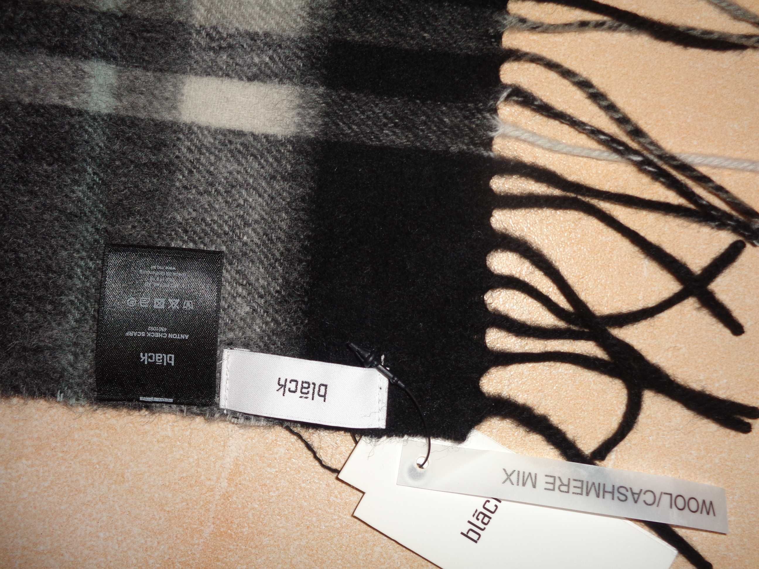 BLACK  88% Wool 12% CASHMERE delikatny męski szal szalik z frędzlami
