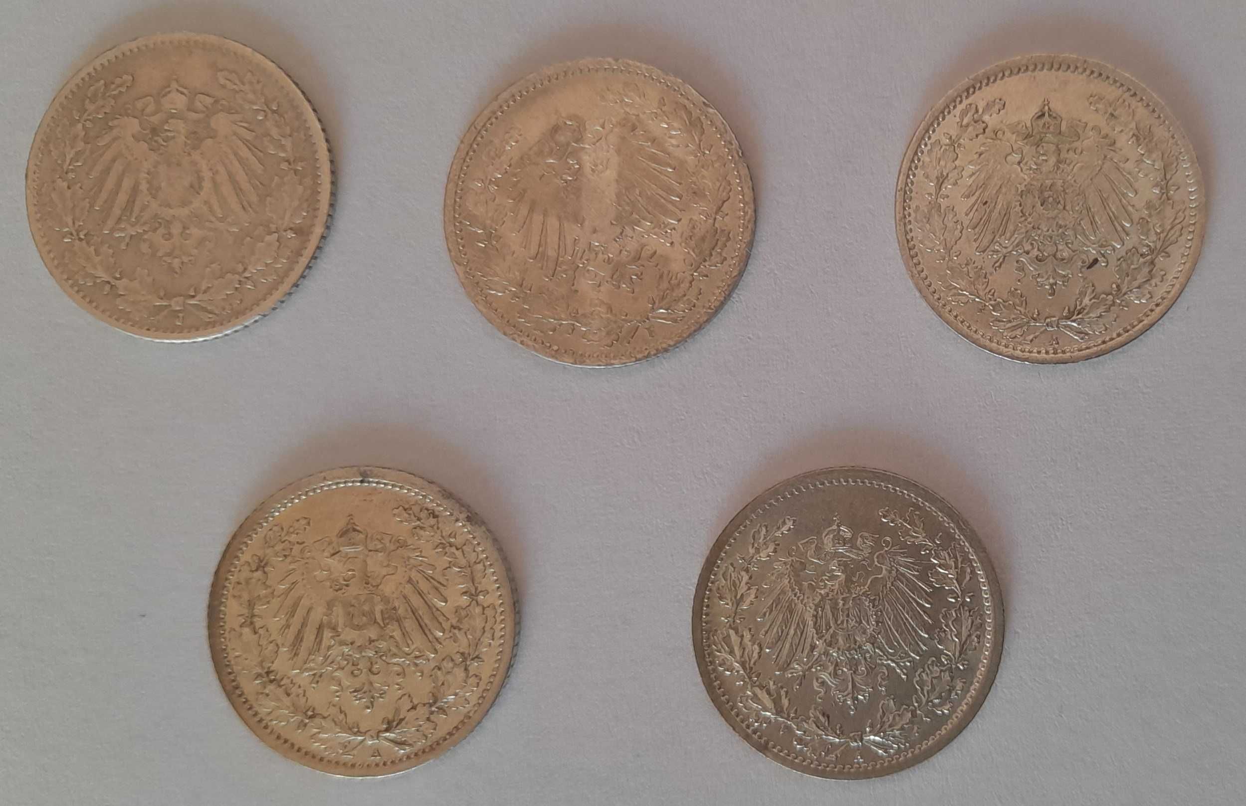 1/2 marki zestaw 5 sztuk srebro 1905,1906,1914,1915,1916