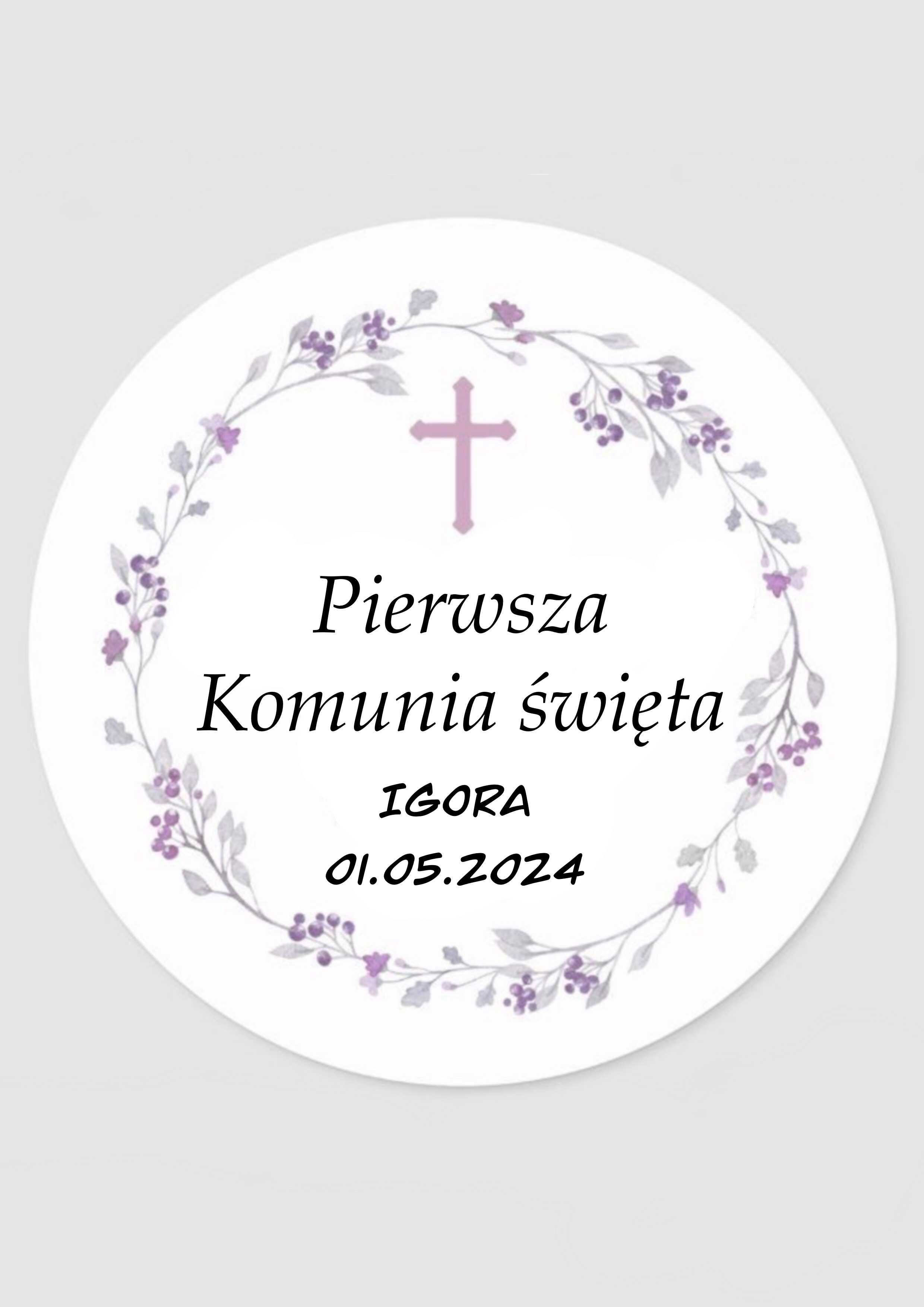 Naklejki Pierwsza Komunia Święta 5cm, 24szt wzory personalizowane