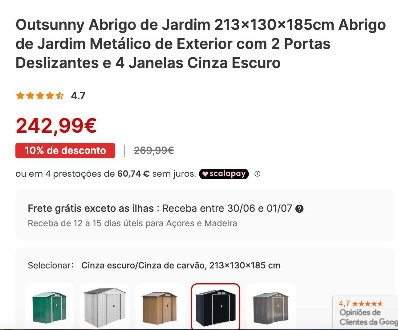 Abrigo de Jardim Metálico Exterior Outsunny 213x130x185cm Cinza escuro
