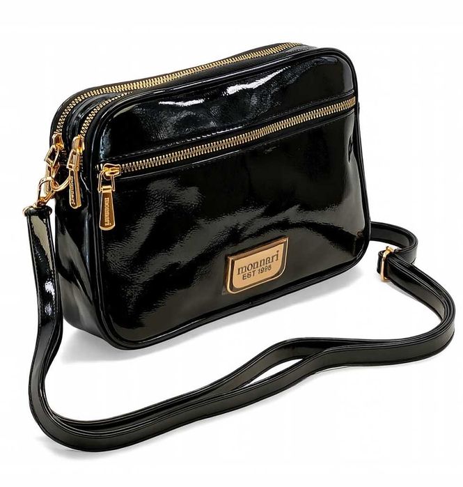 MONNARI Torebka Damska Listonoszka Na Ramię Czarna Lakierowana Skóra