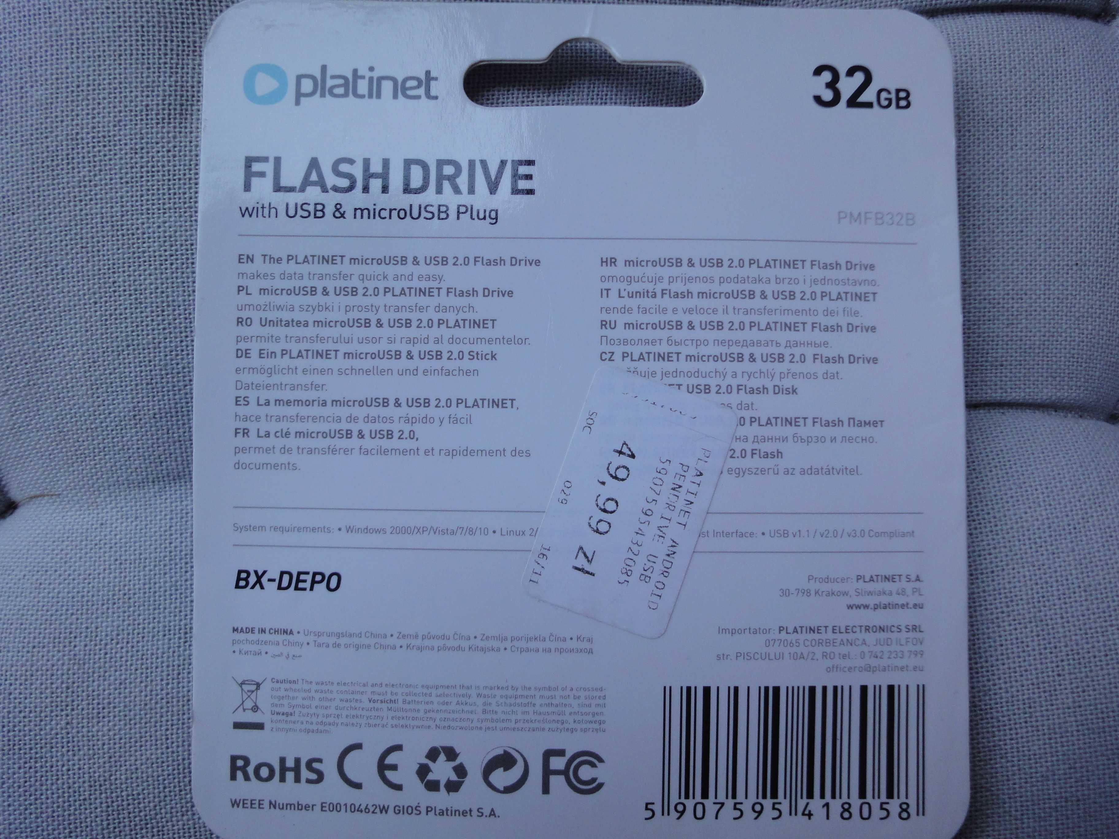 Pendrive PLATINET BX-Depo 32 GB, USB 2.0 + microUSB