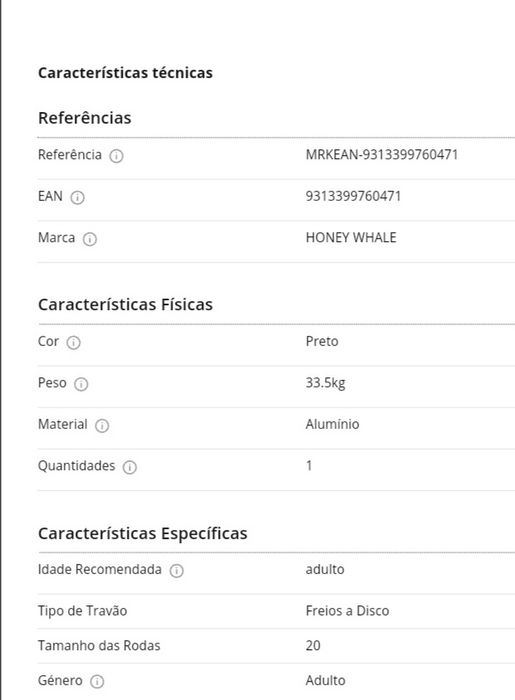 Bicicleta Elétrica HONEY WHALE S6 Pro-S Potência 350W Bateria 48V15Ah