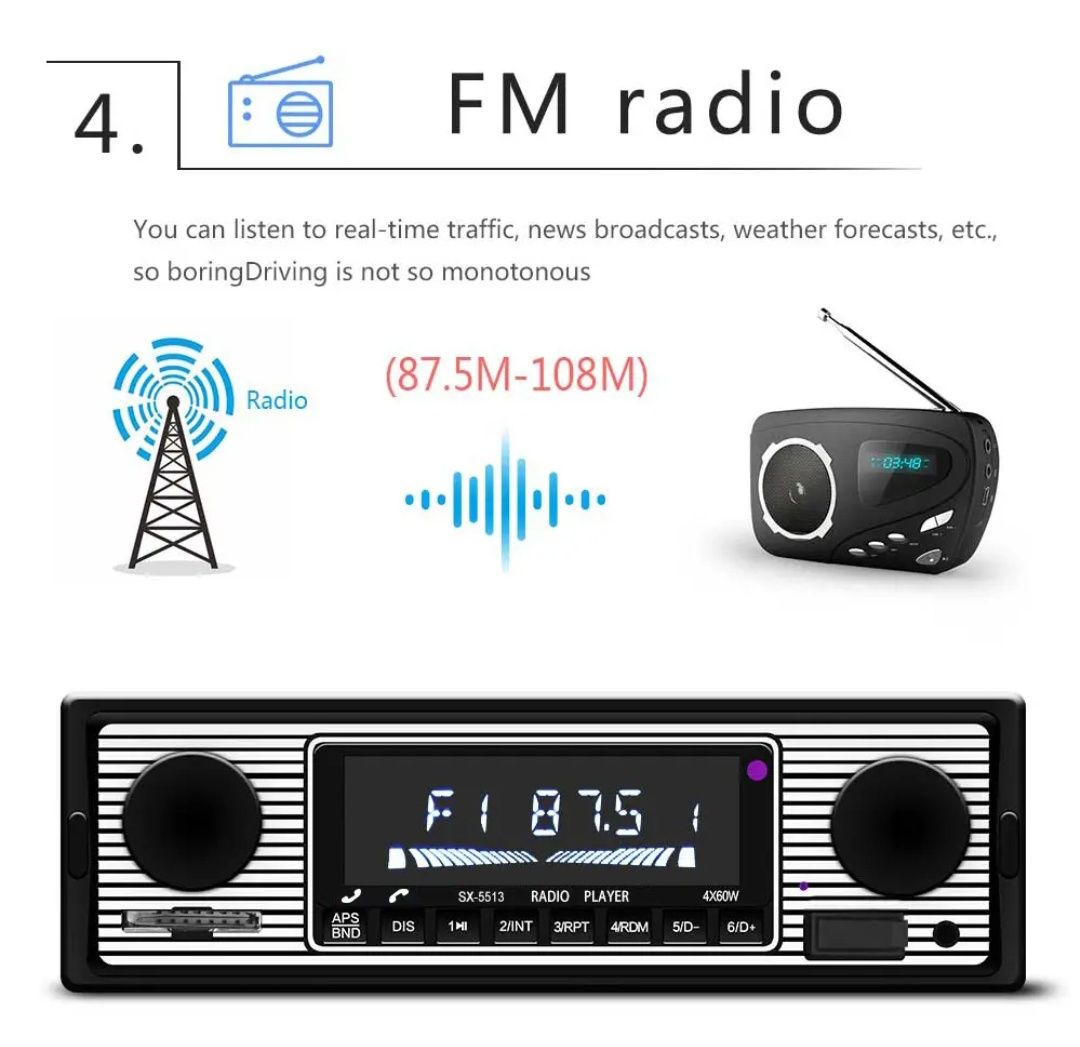 Rádio 1din Estilo clássico Bluetooth FM Cartão USB Auxiliar NOVO