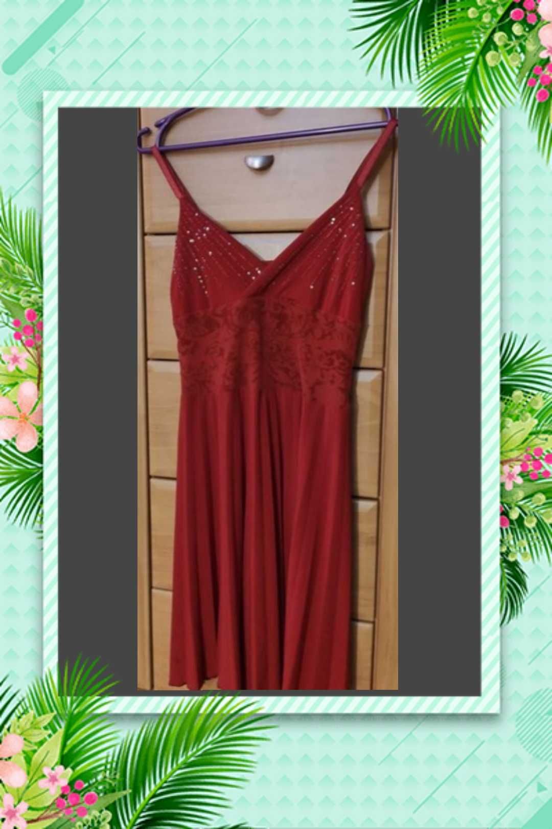 Sukienka czerwona na ramiączkach z koronką i koralikami S