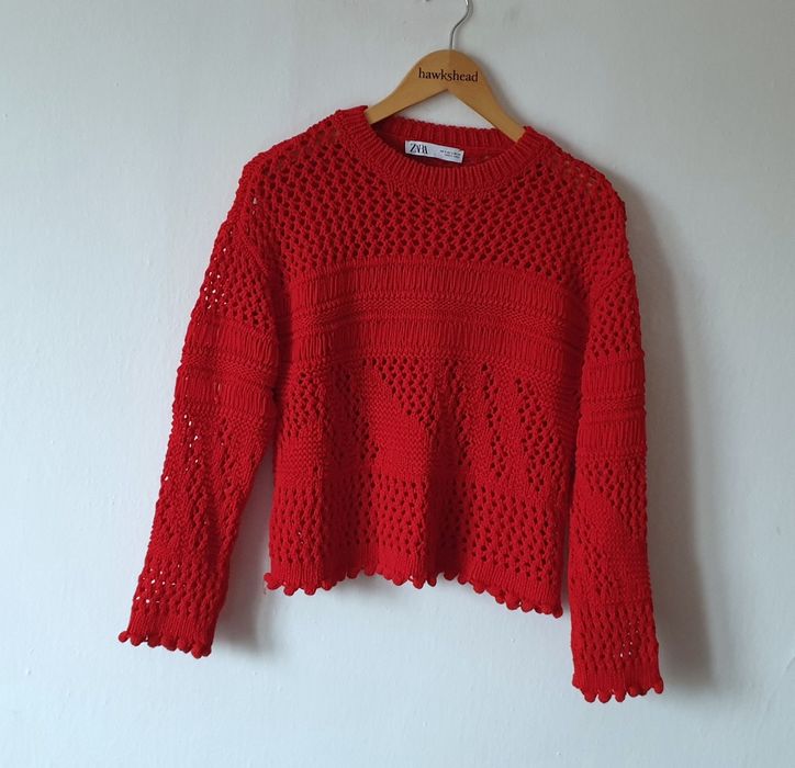 Czerwony ażurowy sweter zara s