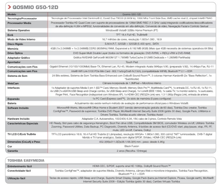 Toshiba Qosmio G50 ecrã 18,4”