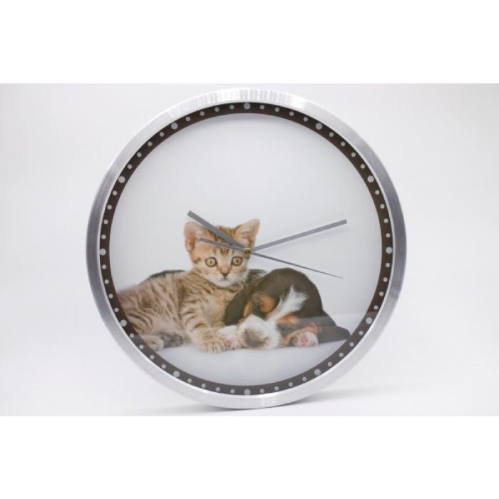 Zegar ścienny z psem i kotem aluminiowy niemieckiej firmy Reinex