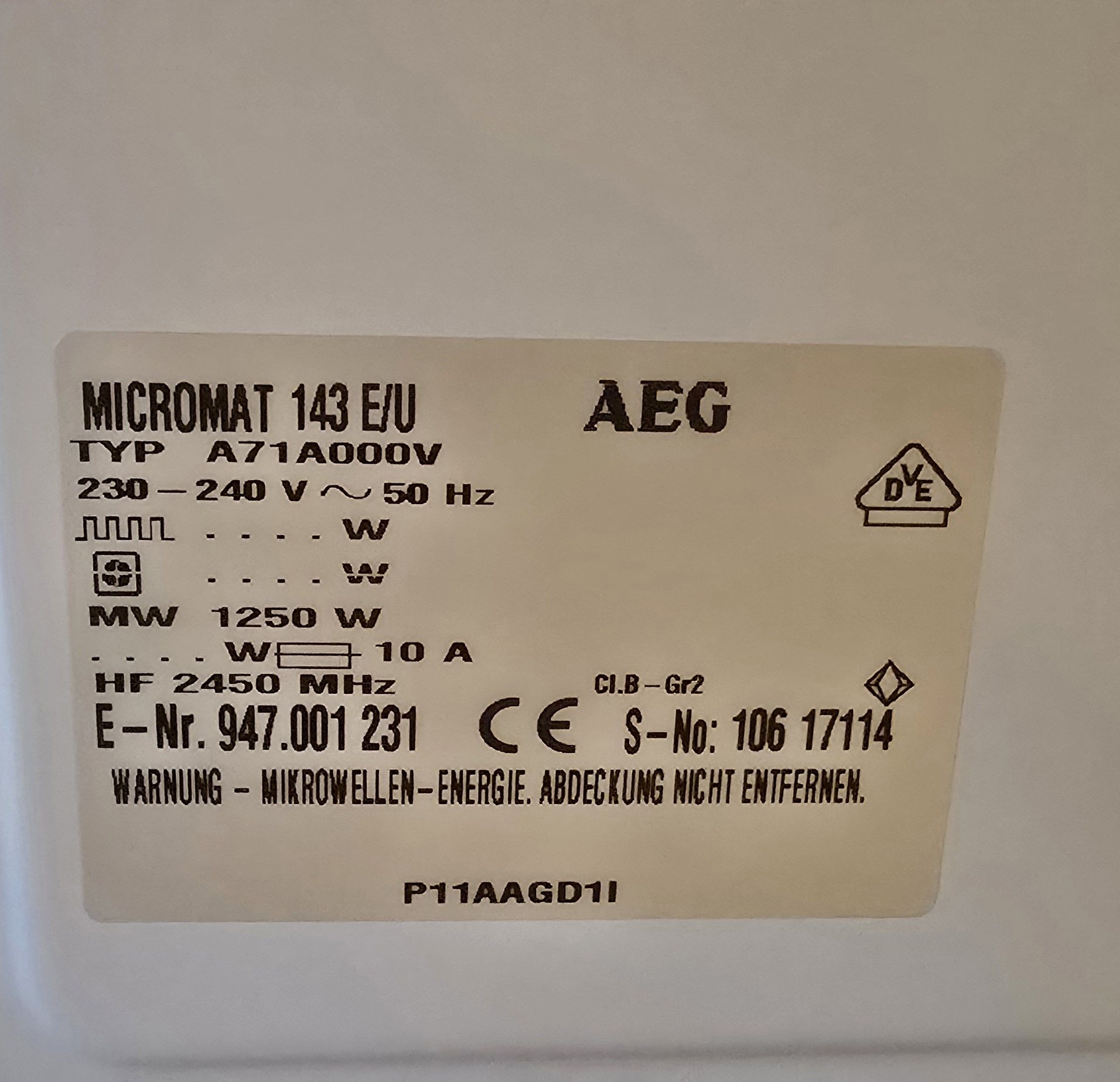 Mikrofala AEG, TYP: A71A000V
