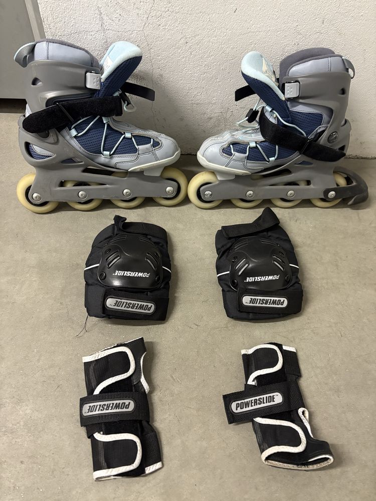 Patins em linha tam 38 (com proteções e mochila)