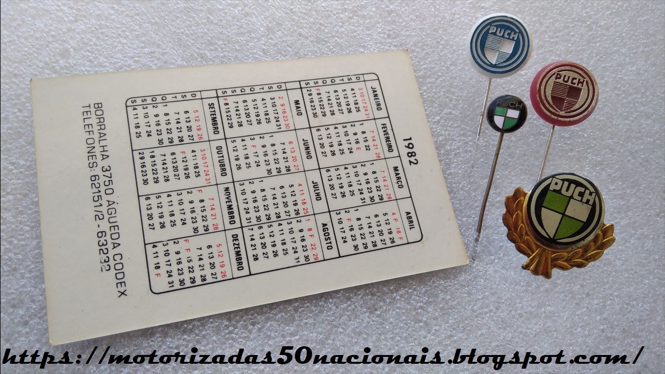 Calendário Motoesa Puch Maxi WY 50 de 1982 + Alfinetes de Lapela Puch