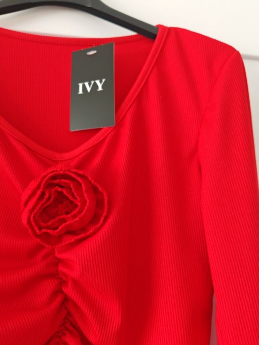 Bluzka Czerwona Róża prążek marszczona wiskoza xs s m