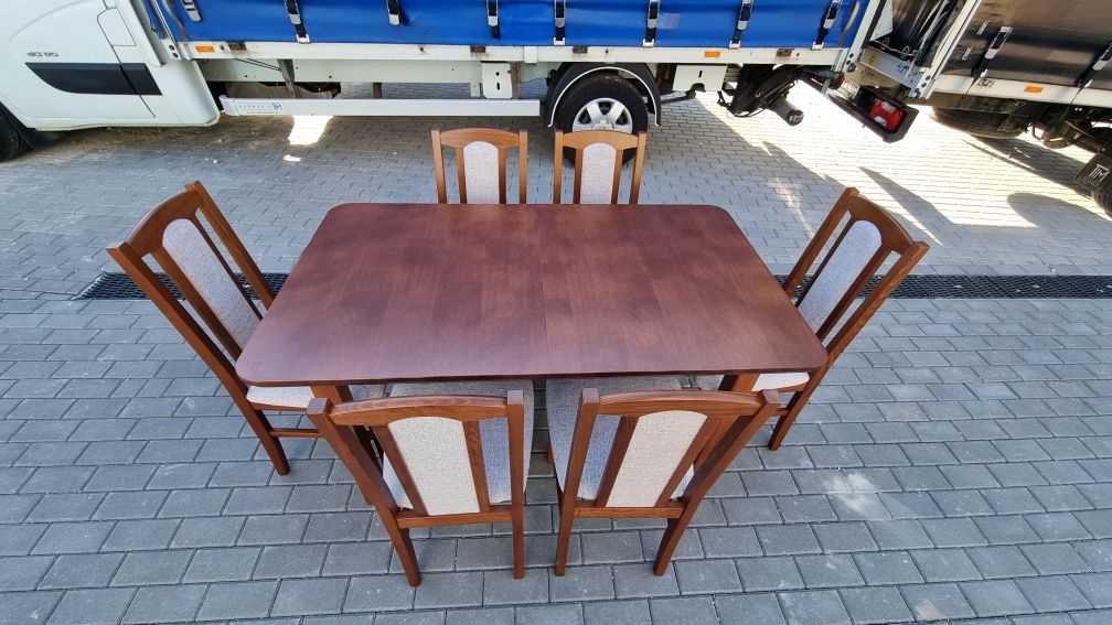 Nowe: Stół 80x140/180 + 6 krzeseł, kasztan + kawa z mlekiem, transPL