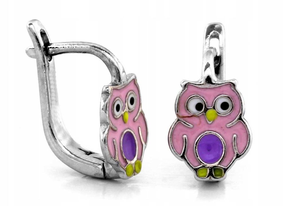Srebrne Kolczyki Angielskie Z RÓŻOWĄ EMALIOWANĄ SOWĄ SREBRO p.925