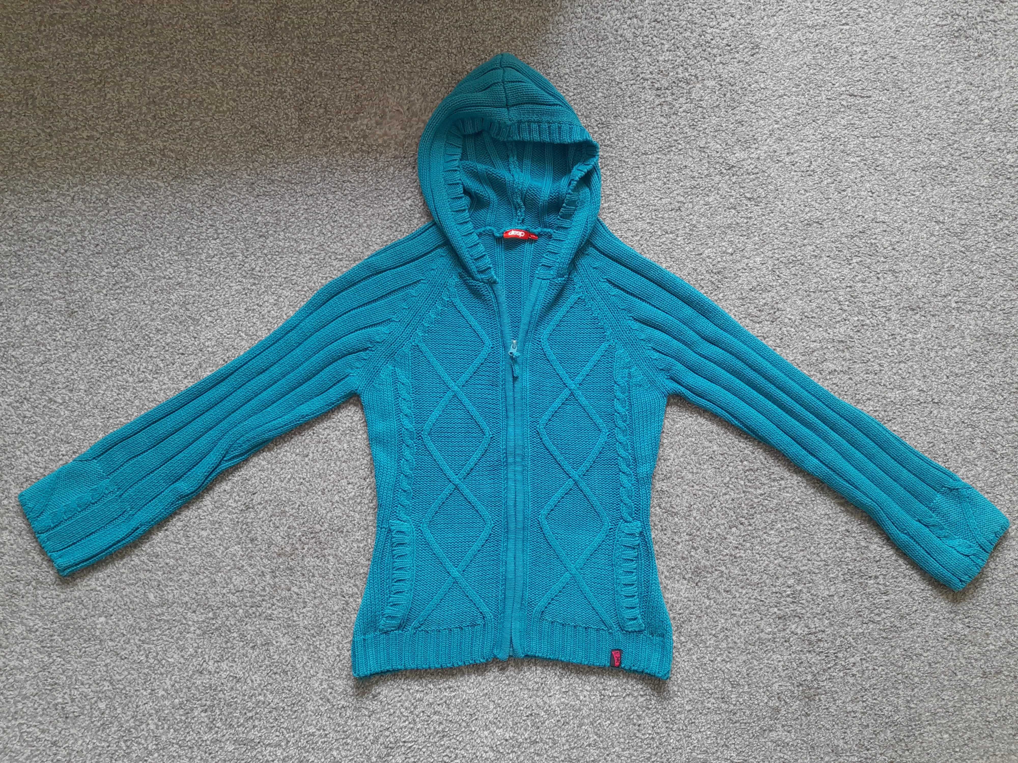 Gruby ciepły damski sweter kaptur Deep r.S M pachy 43cm x 2 turkus