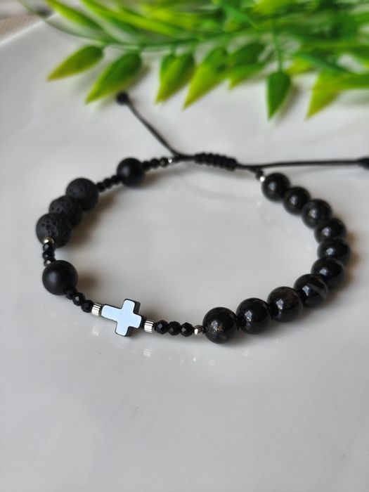 Bransoletka regulowana "różaniec", czarny turmalin, lawa wulkaniczna