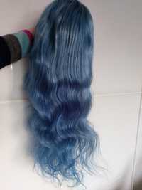 peruka niebieska włosy naturalne ludzkie lace front + GRATISY