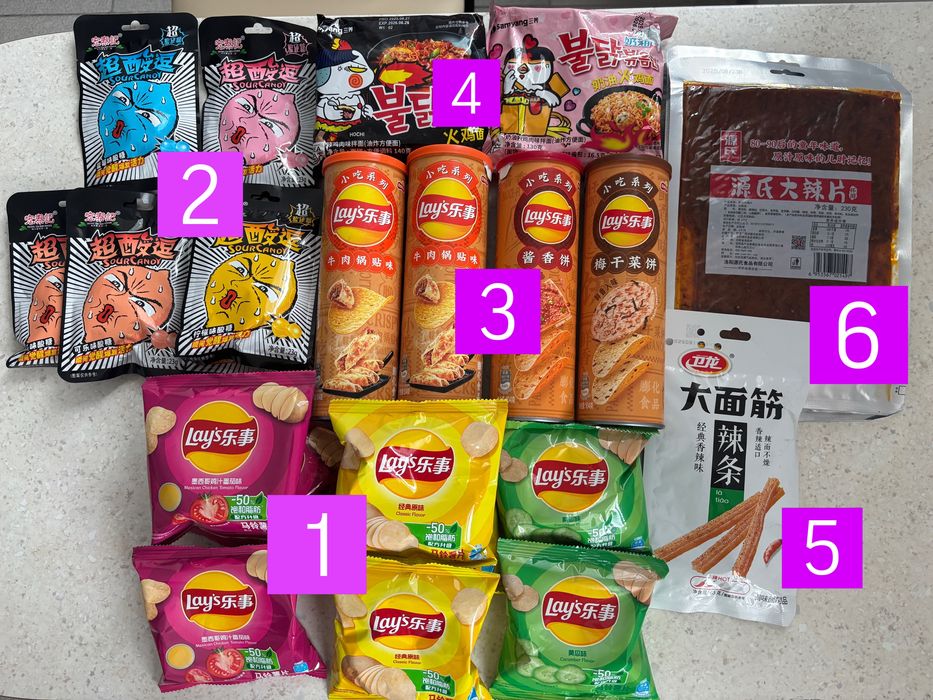 Чіпси Lay’s , азіатскьий снек Латіао , Бульдак , кислі цукерки
