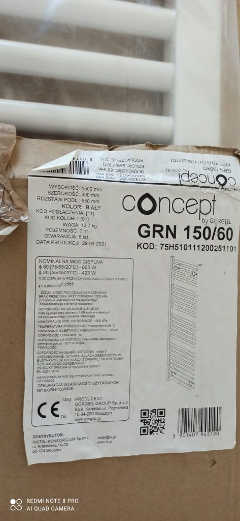Nowy Grzejnik łazienkowy CONCEPT GRN 1500/600 - 805W